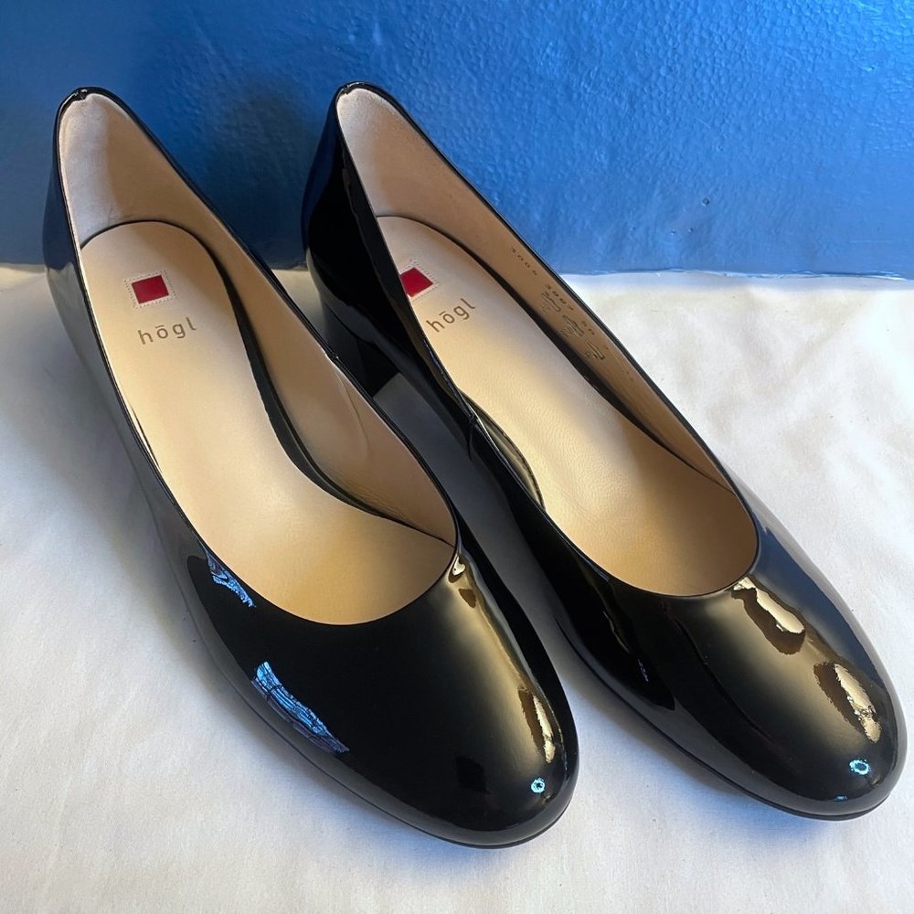 Hogl Designer Black Patent Ladies Block Heel Shoes ~ Size 7 US ~ NWOB